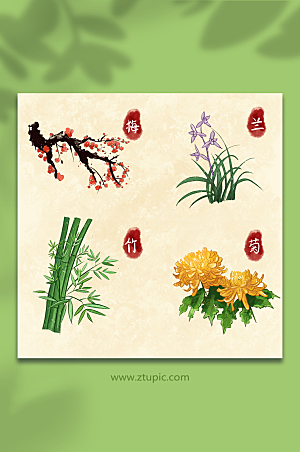 卡通梅兰竹菊植物元素插画设计