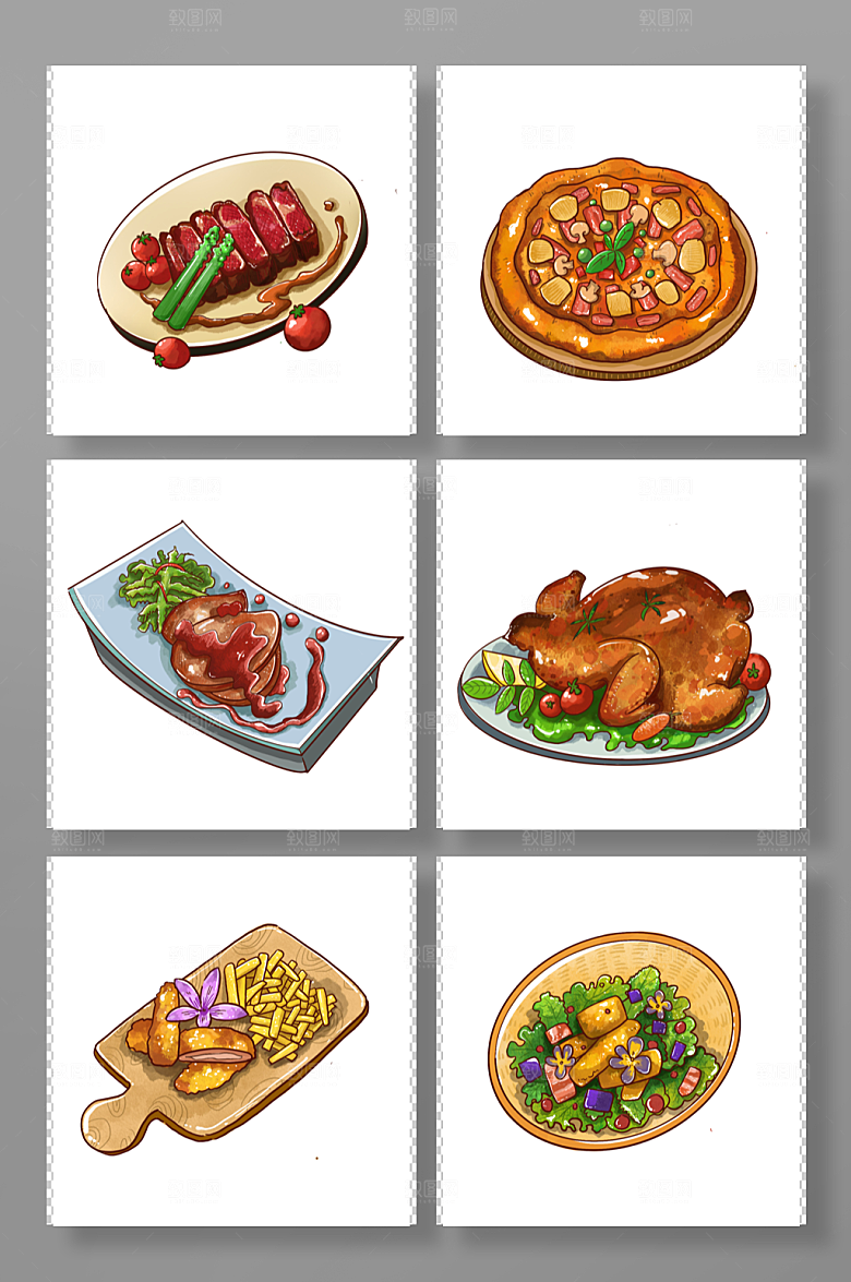 卡通精致牛排西餐美食插画素材