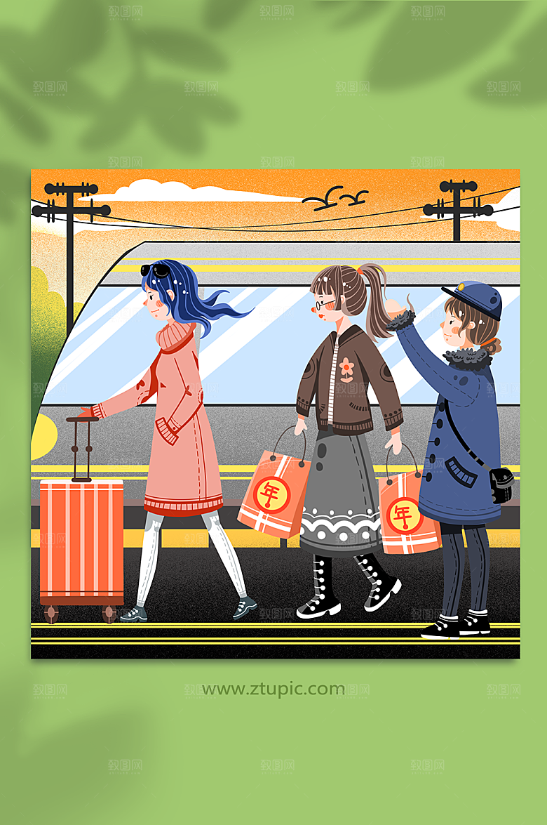 手绘回家高铁春运人物插画设计