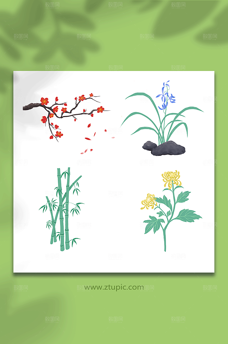 卡通梅兰竹菊植物元素插画素材