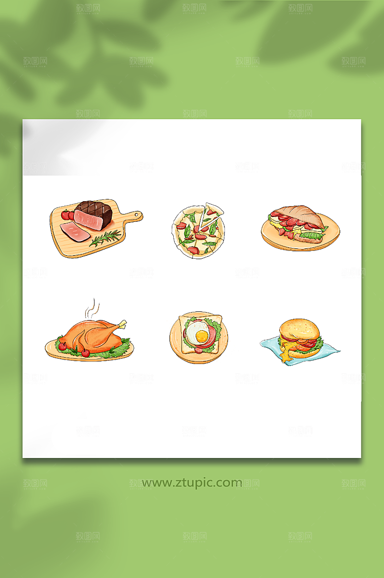 卡通牛排披萨西餐美食插画素材