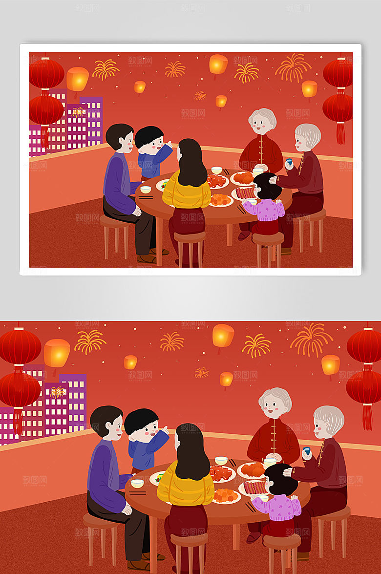 卡通相聚团圆新年春节插画素材