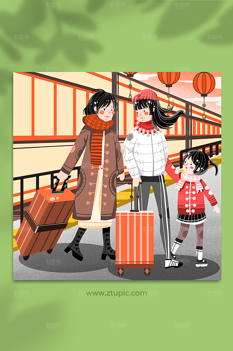 扁平返乡新年春运人物插画素材