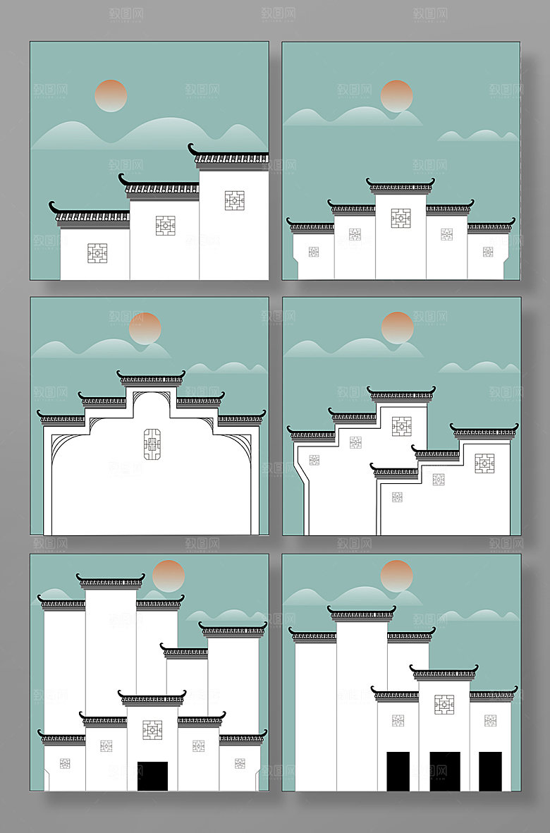 大气淡雅徽派建筑元素插画