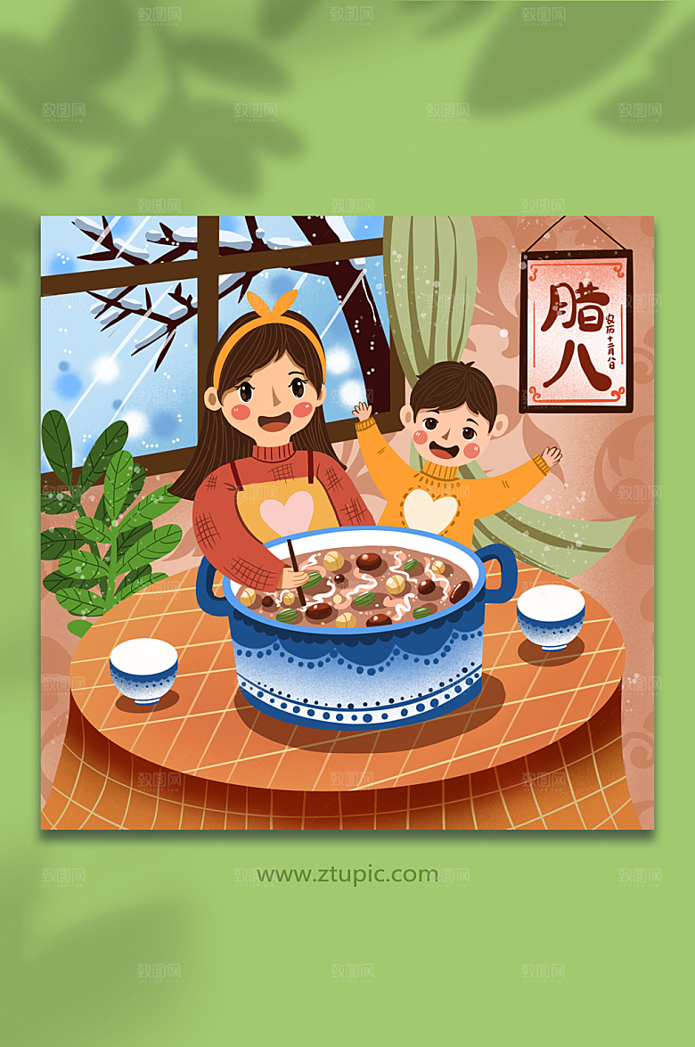 团圆腊八节做腊八粥人物插画
