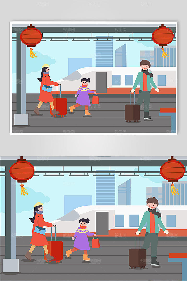 扁平风新年春运人物插画