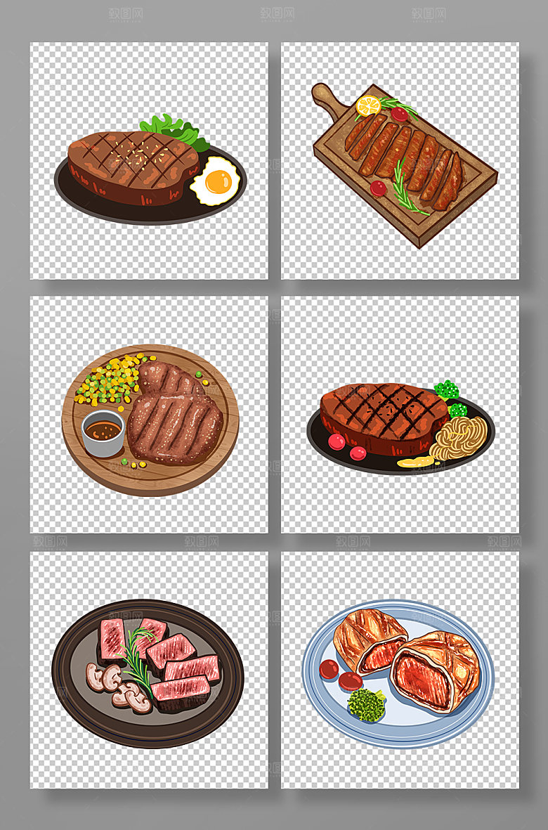 手绘牛排西餐美食组合插画元素