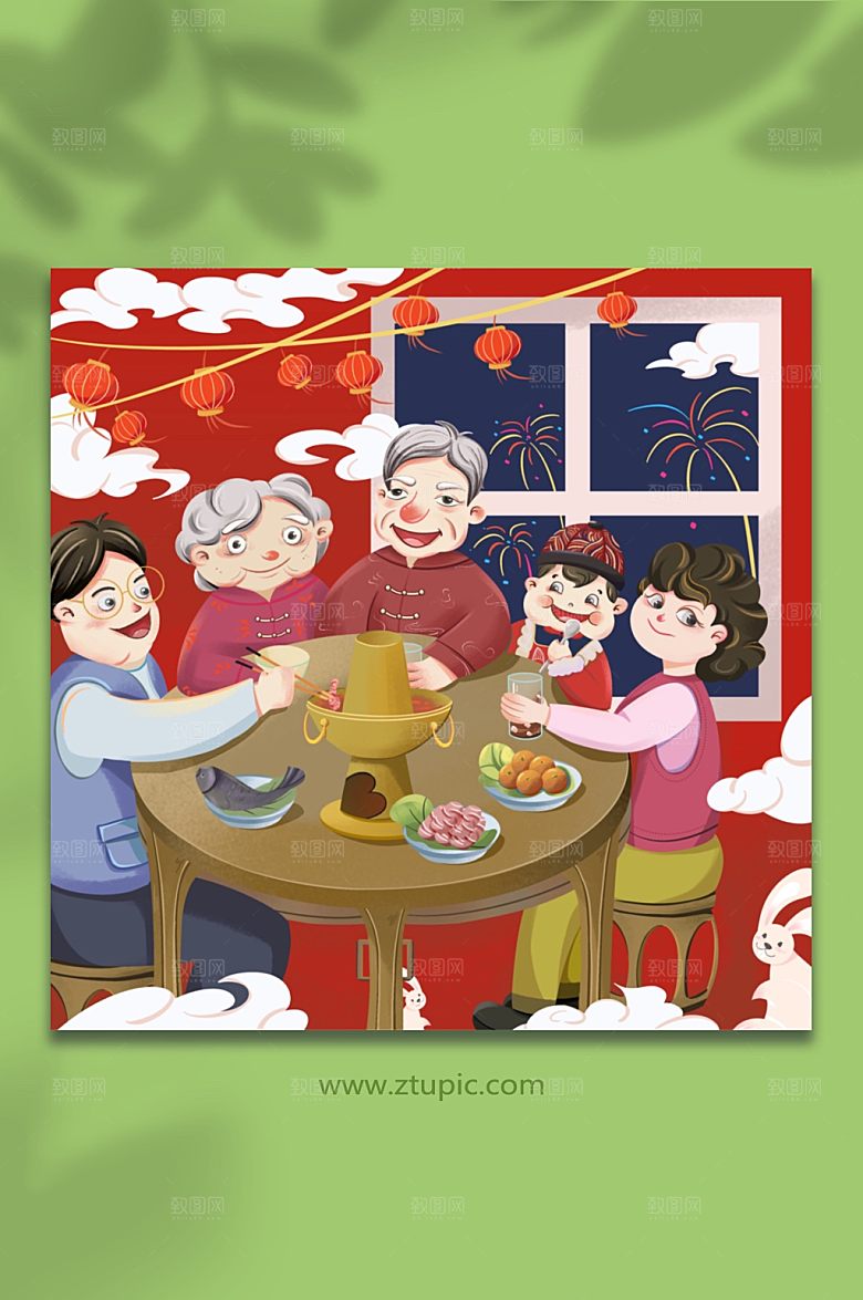 新年春节除夕团圆年夜饭插画