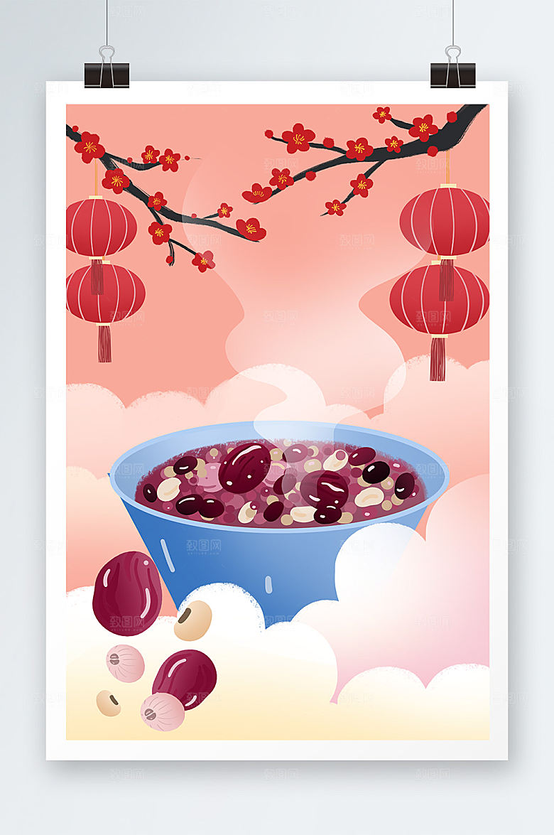 红灯笼腊八粥腊八节插画背景图