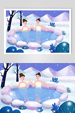 紫色冬季泡温泉人物插画