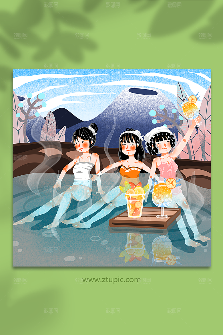 卡通女孩冬季泡温泉人物插画