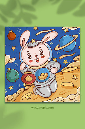 童趣春节宇航员兔年插画