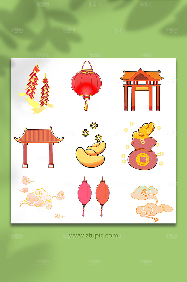 卡通鞭炮灯笼元宝春节插画素材