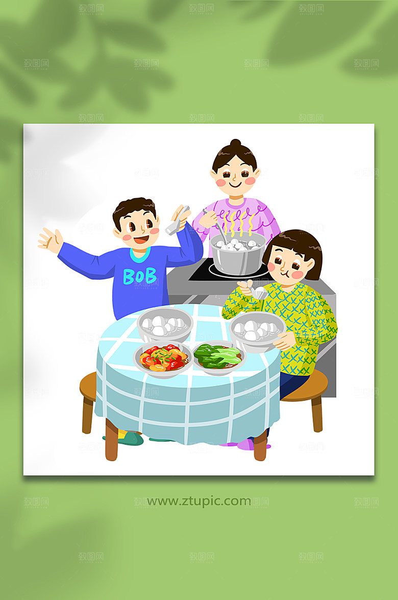 卡通饺子汤圆冬至人物节气插画