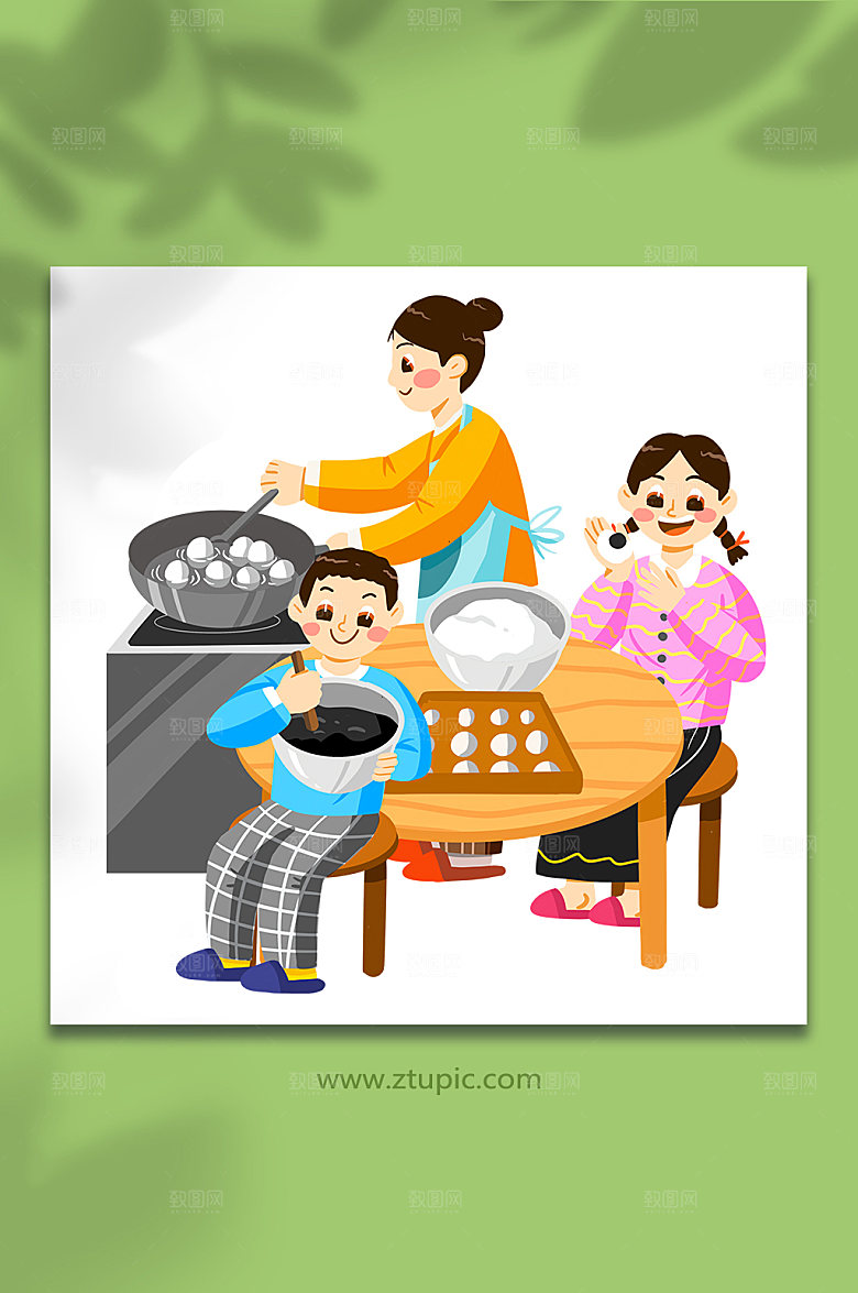 饺子汤圆冬至人物节气插画