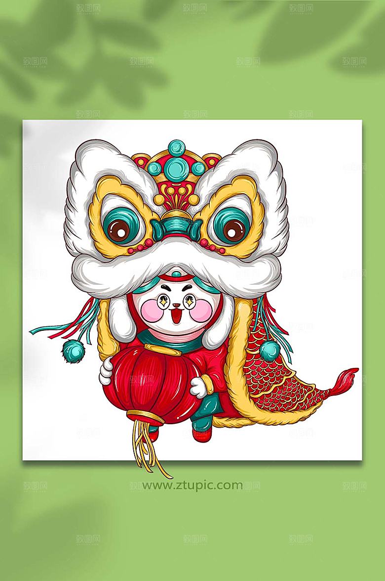 国潮风兔年舞狮元素插画