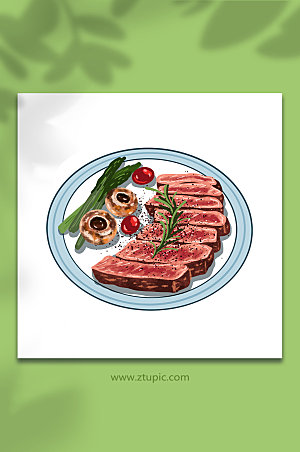 美式牛排西餐美食元素手绘插画