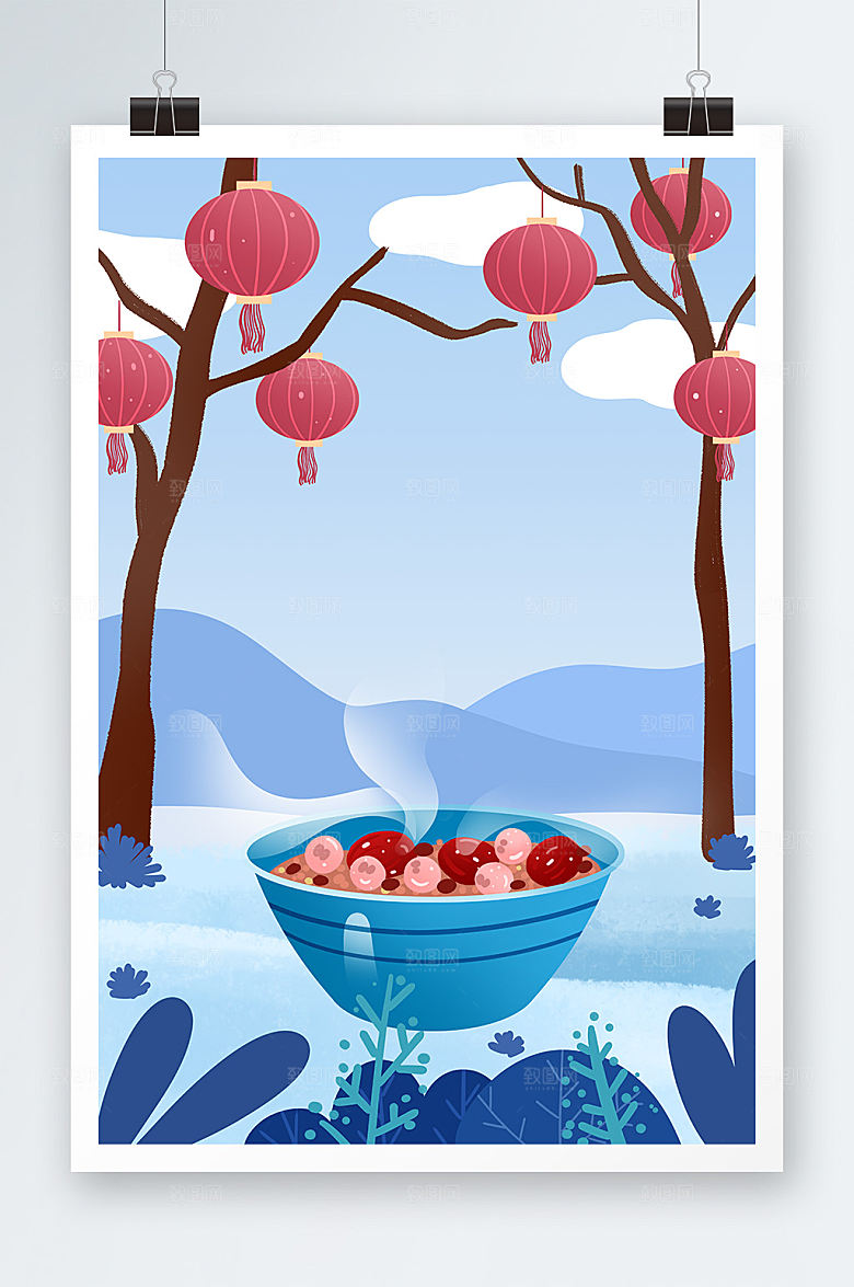 卡通腊八节灯笼插画背景图