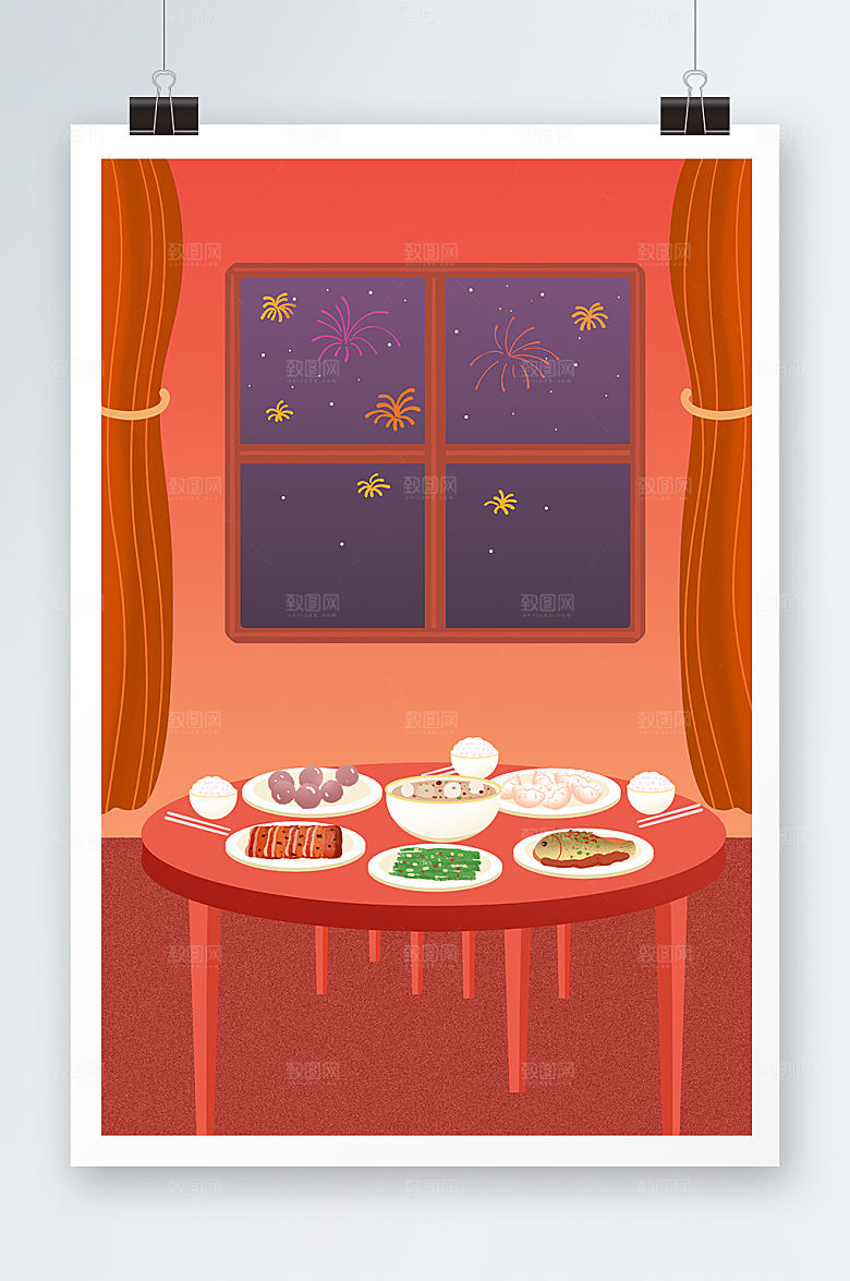 喜庆除夕年夜饭插画背景图
