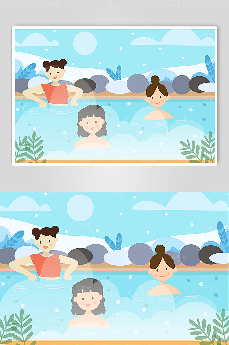 卡通女孩冬季泡温泉人物插画