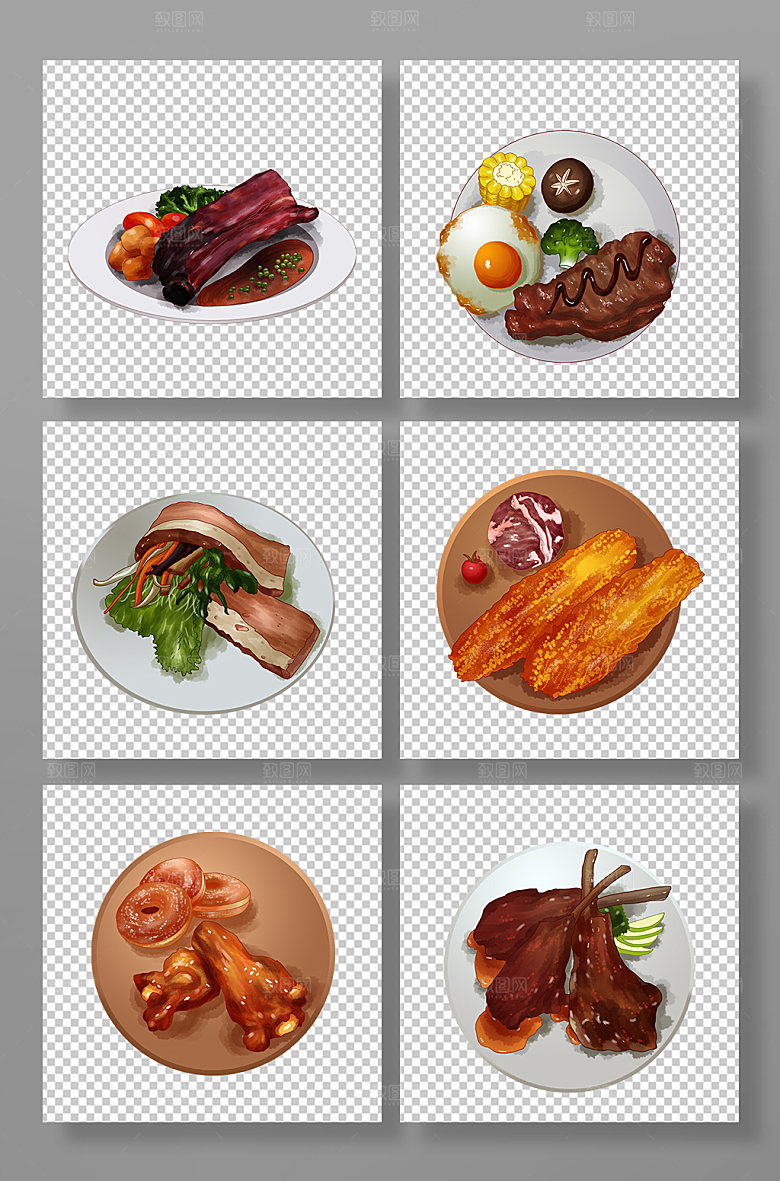 美味烤肉牛排西餐美食元素插画