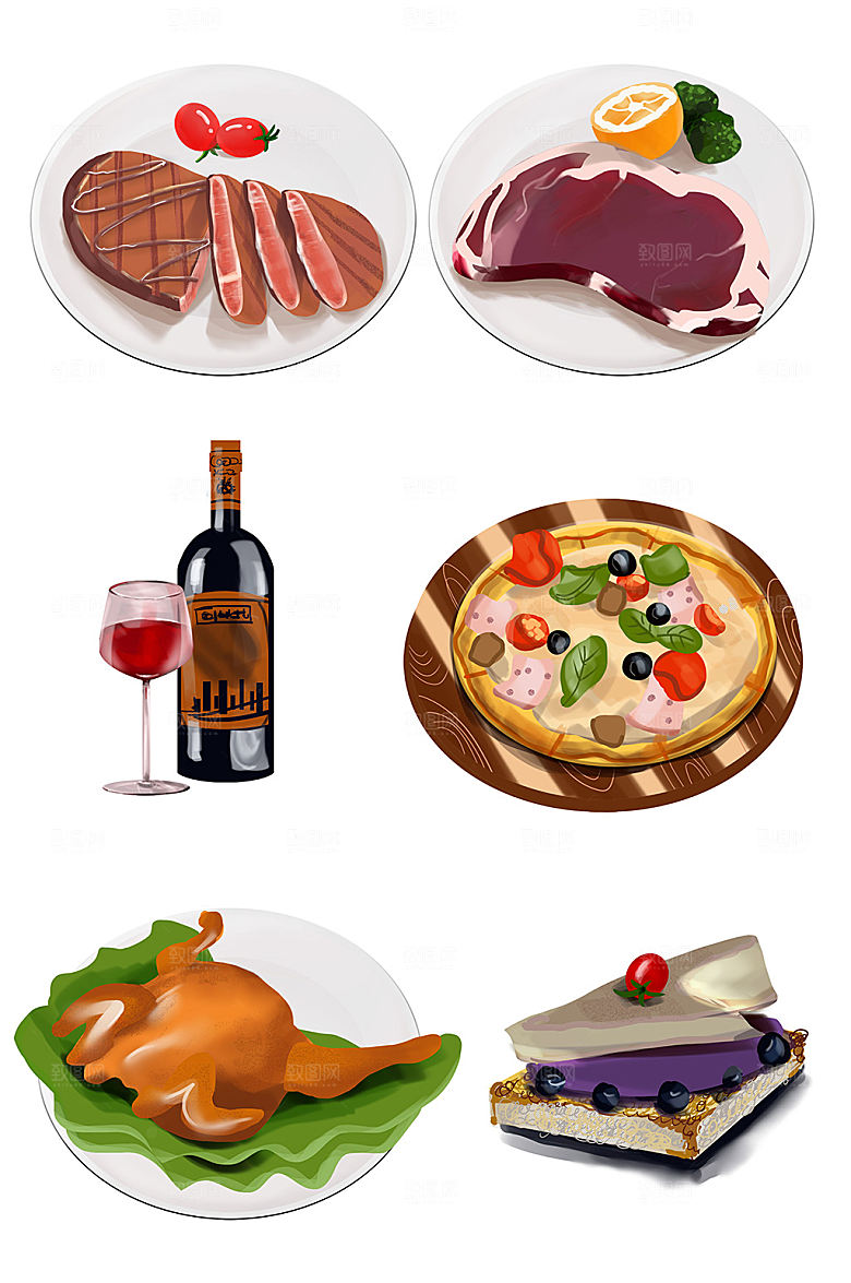 矢量红酒披萨西餐美食元素插画