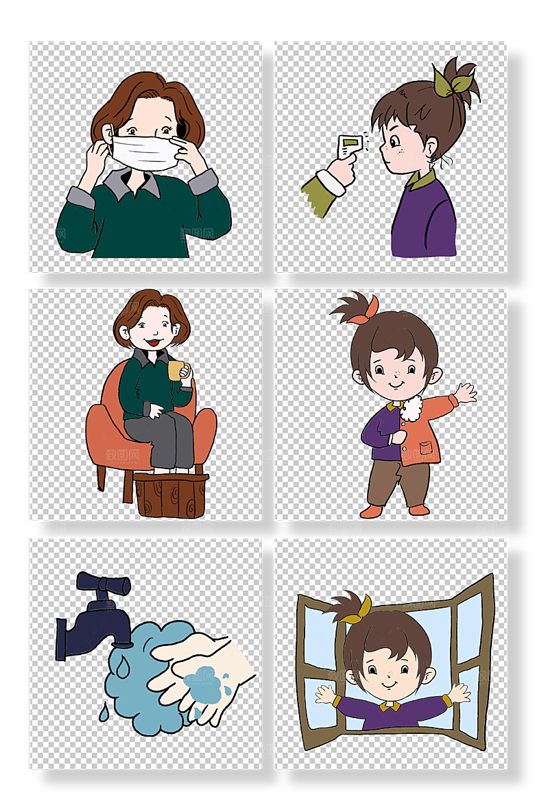 卡通冬季预防感冒人物元素插画