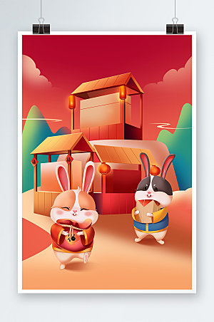 红色新年兔年年货节办年货插画