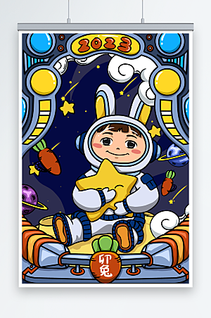 卡通坐在星星上宇航员兔年插画