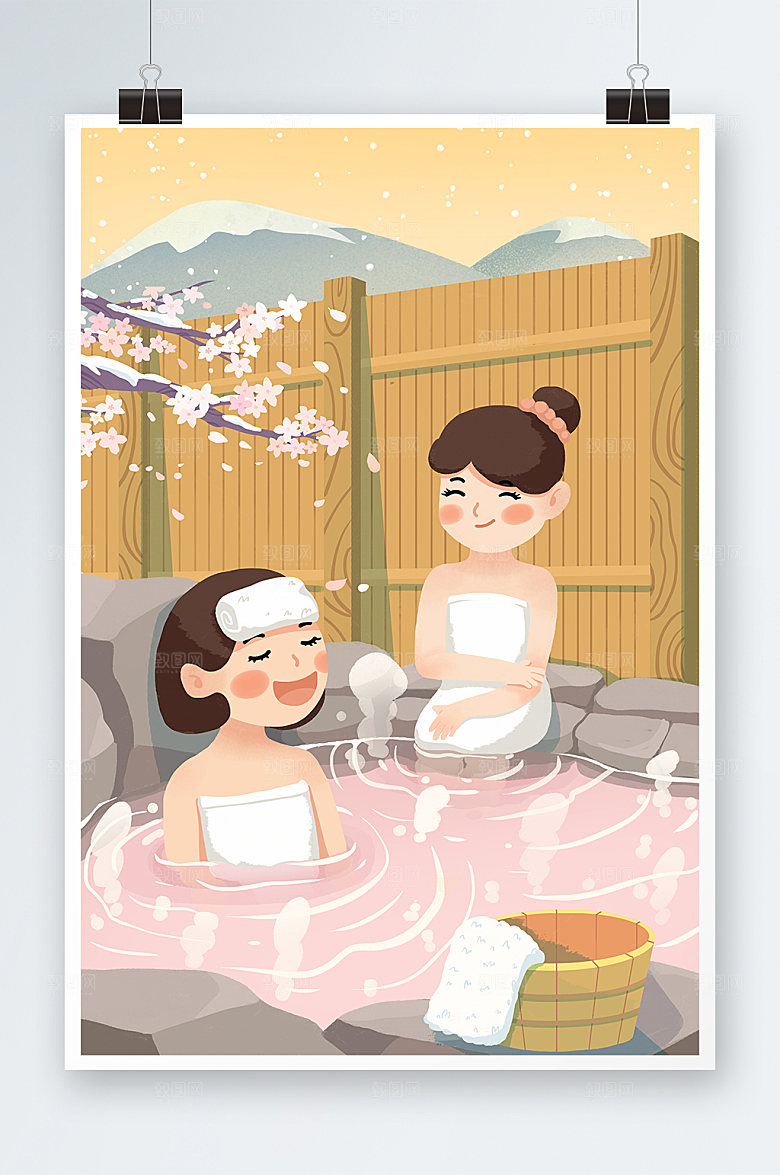 卡通冬季泡温泉女孩人物插画