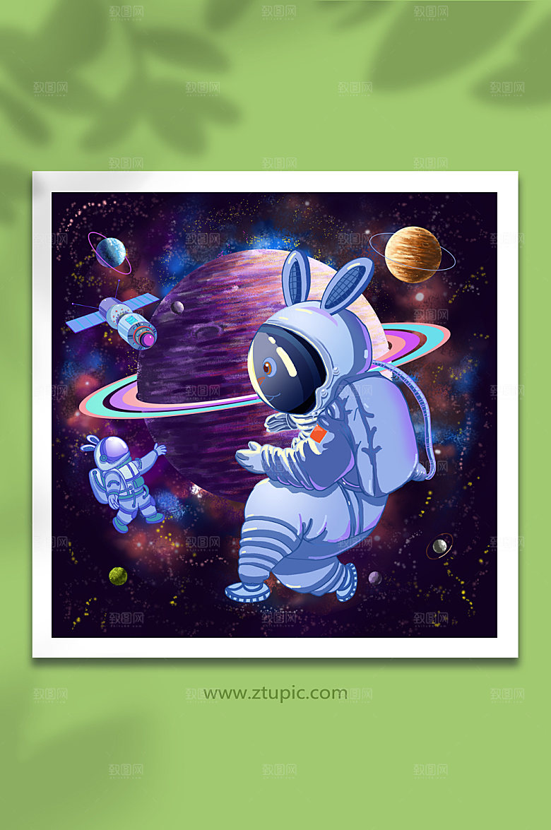 绚丽星空卡通宇航员兔年插画