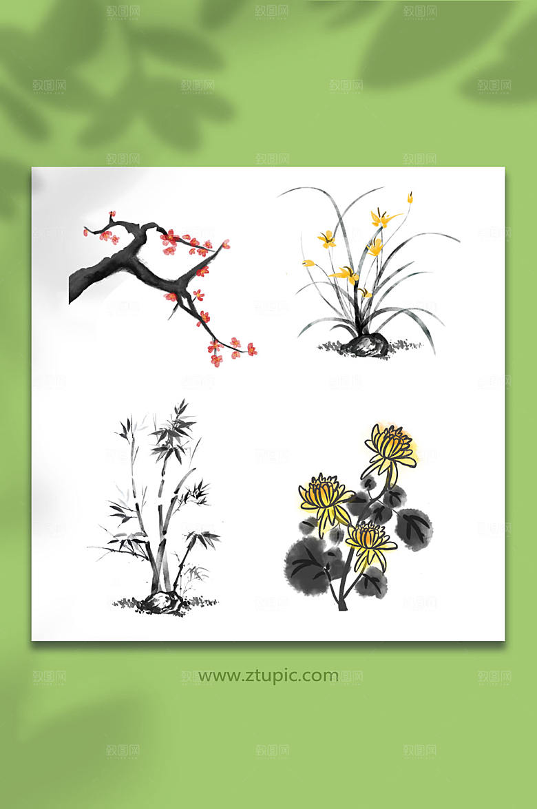 水墨风梅兰菊竹元素插画