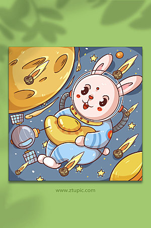 卡通宇航员航空小兔子插画