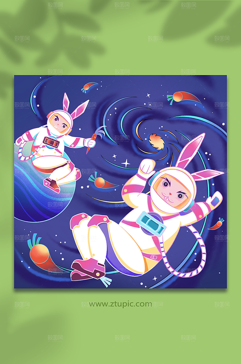 手绘胡萝卜宇航员兔年插画