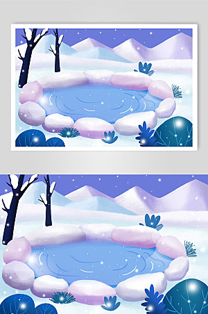 紫色冬季泡温泉插画背景图