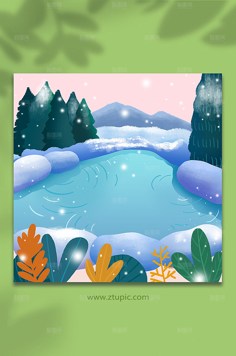 手绘冬季泡温泉插画背景图