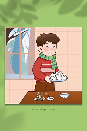 卡通端上桌饺子汤圆冬至插画设计