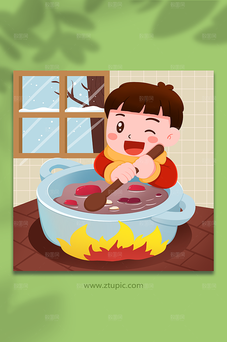 卡通小孩煮腊八粥腊八节插画设计