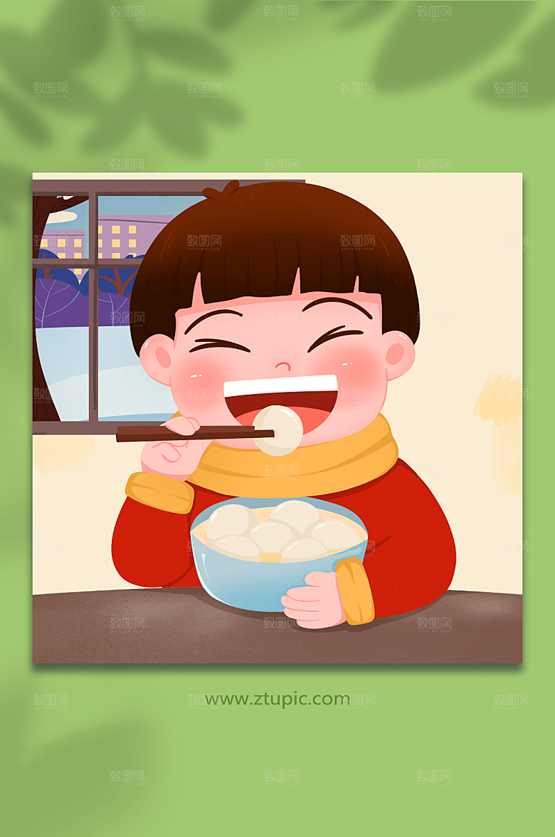 扁平大口吃饺子汤圆冬至插画素材