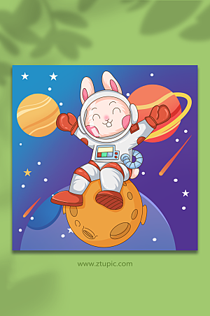 手绘星球兔子宇航员兔年插画