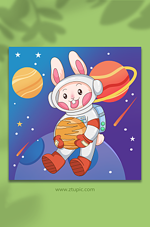 手绘兔子拥抱宇航员兔年插画