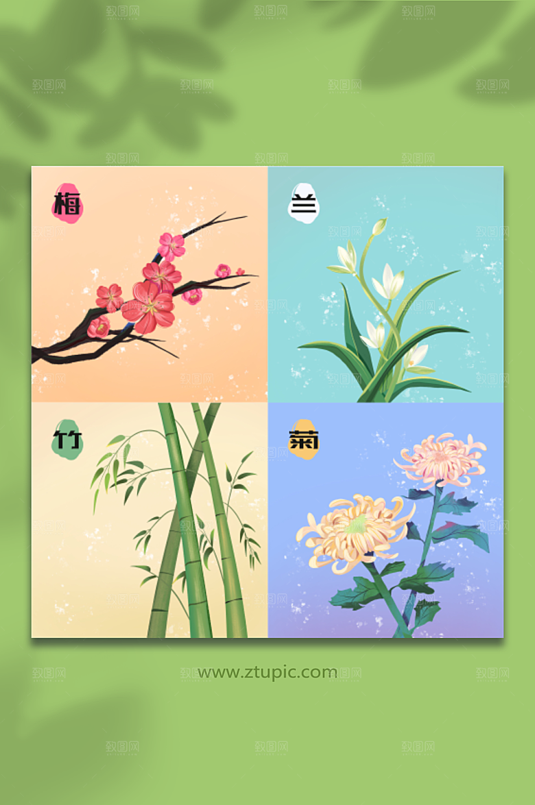手绘梅兰竹菊植物元素插画