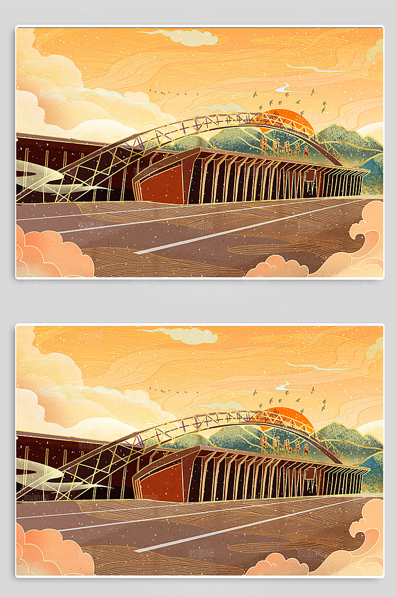 简约临沂汽车站建筑地标插画