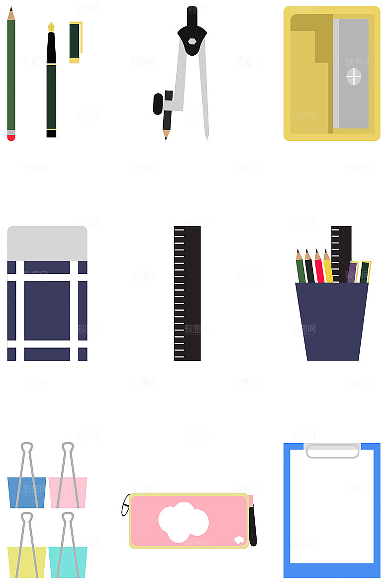 矢量校园文具书包元素插画