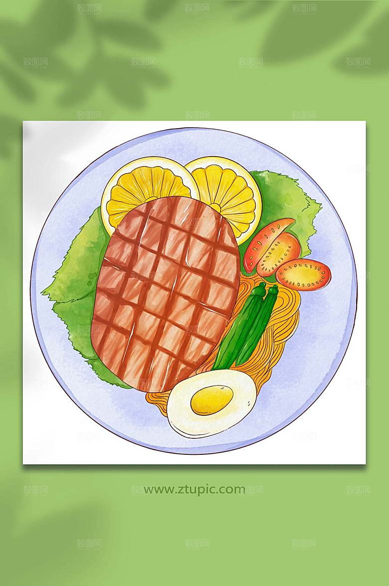 手绘柠檬西餐美食元素插画