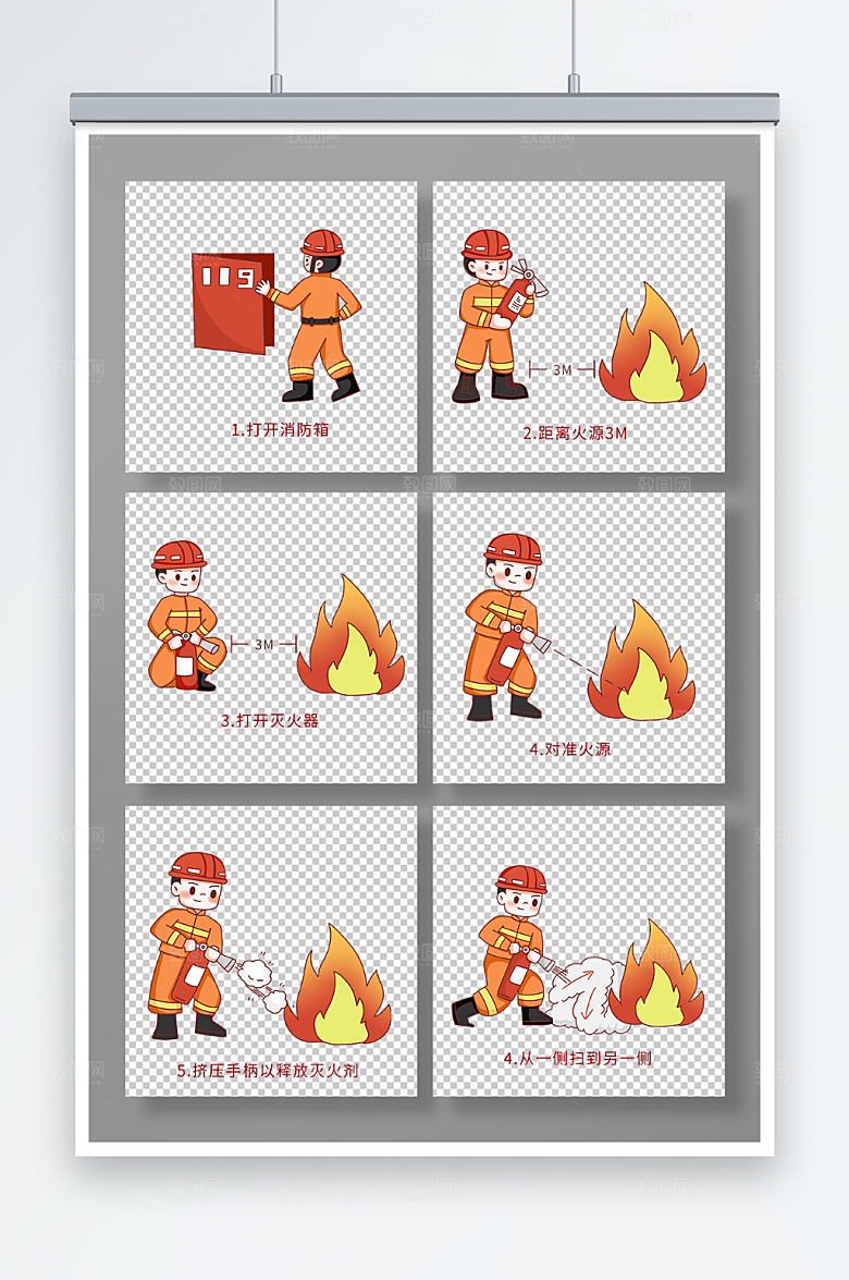 矢量灭火器消防栓使用方法插画元素