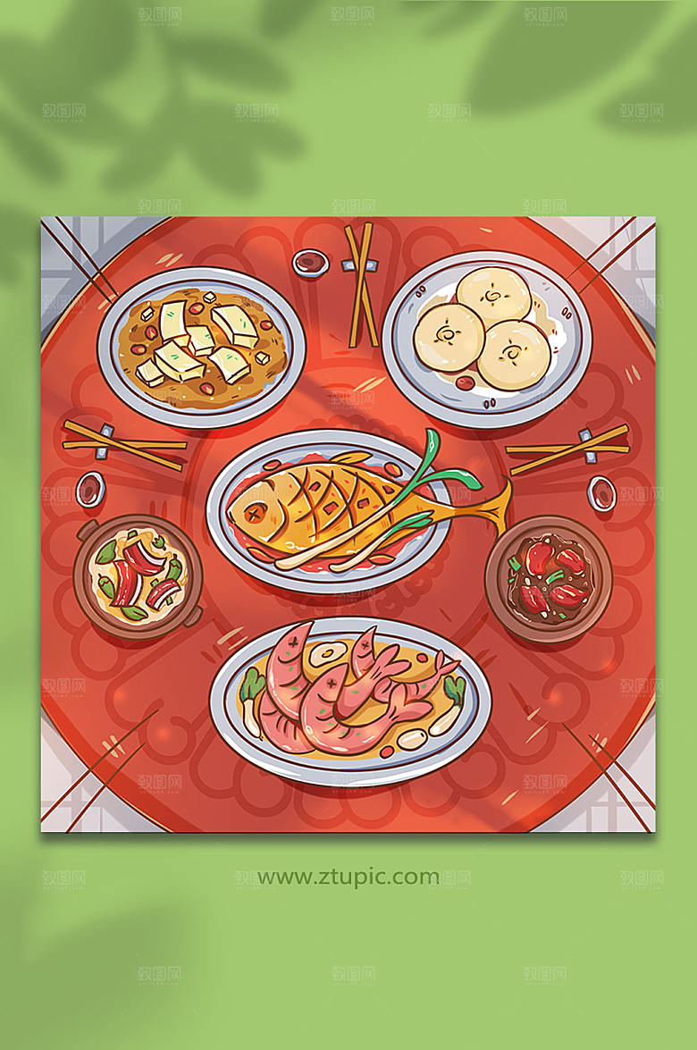 矢量春节除夕年夜饭美食插画