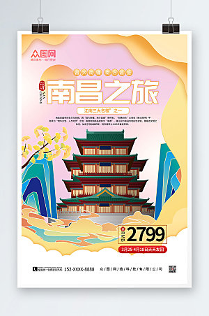 简约卡通南昌城市旅游海报