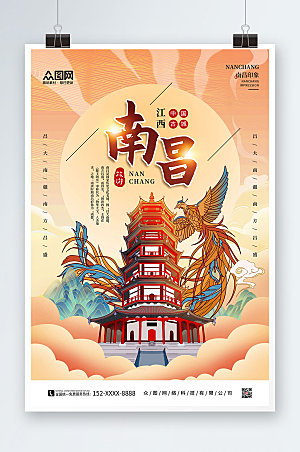 手绘江西南昌城市旅游海报