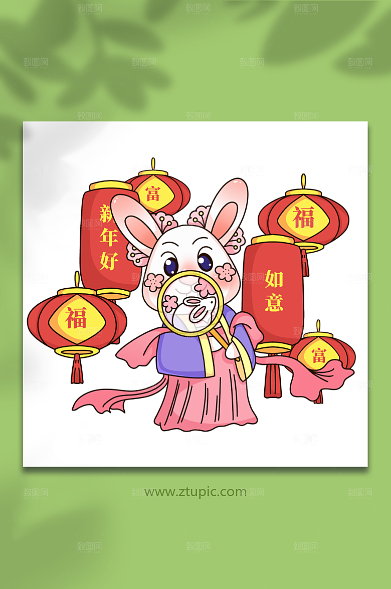 彩灯兔子兔年喜庆人物插画